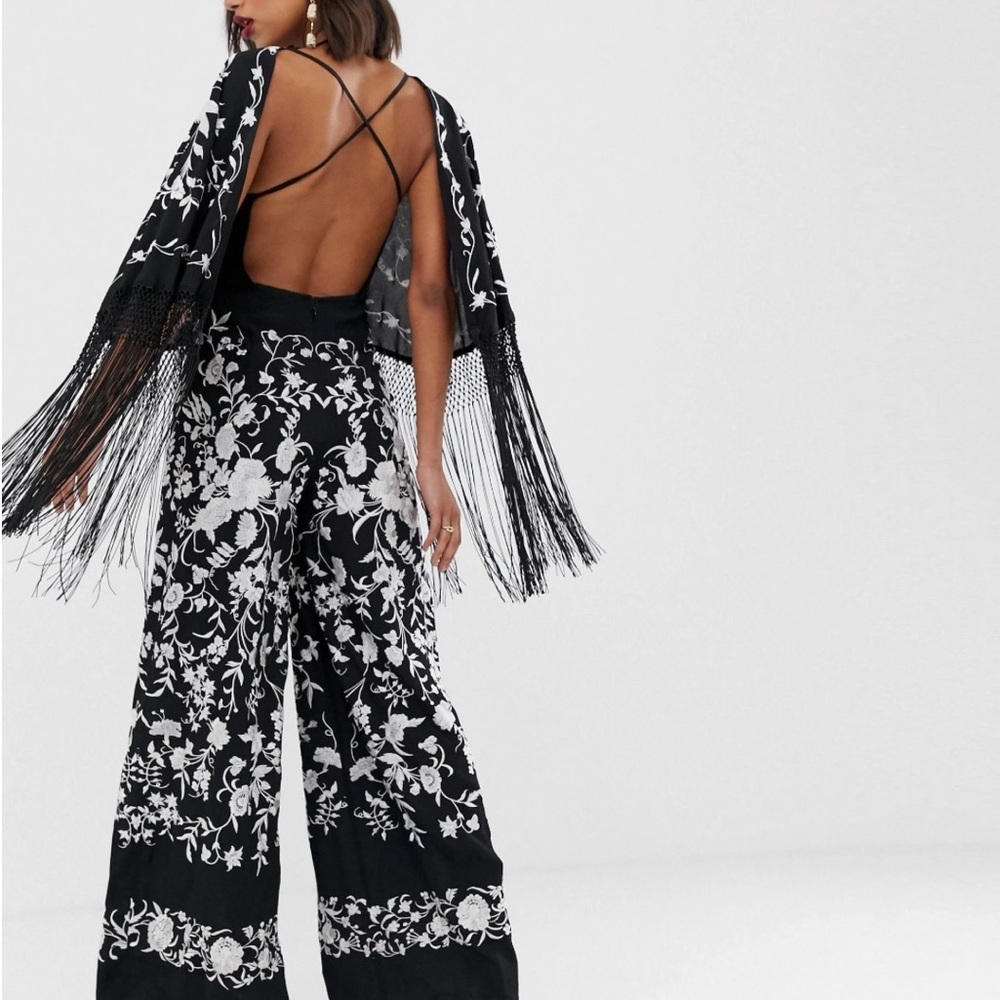 ASOS EDITION Embroidered FLORAL Black and White FRINGE Jumpsuit